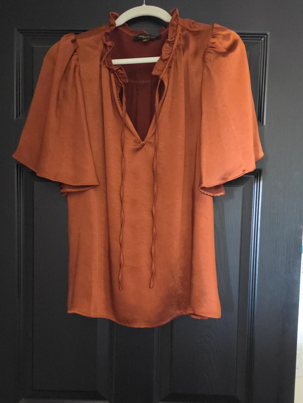 Sugarlips Rust Tie-Neck Ruffle Flutter Sleeve Blouse